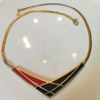 Vintage Signed Avon Black & Red Enamel Gold Tone Choker Necklace
