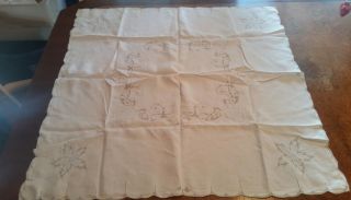 Vintage Bridge Card Table Cloth With Embroidered Light Blue Flowers & Intricate