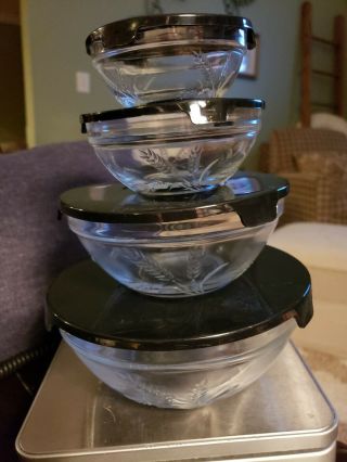 VTG DURABLE Glass Bowl Set of 4 Kitchen Food Storage Nesting Bowls w/Black Lids 5