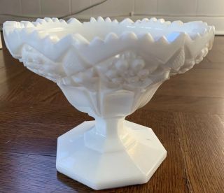 Vintage White Milk Glass Pedestal Compote / Vase - Deep Cut Or Pres Cut Glass