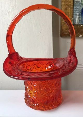 Vintage Orange Red Cut Glass Basket