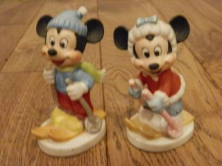 Vintage Ceramic Walt Disney Productions Mickey And Minnie Mouse Skiing Figurines