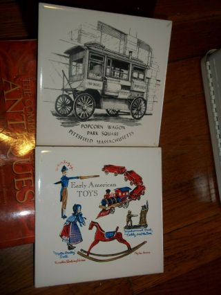 2 Vintage Tiles Screencraft Sheffield Pottery Early American Toys Popcorn Wagon
