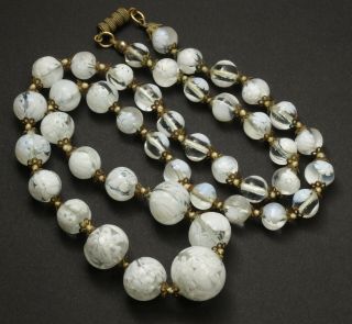 Vintage Graduated Hand Knotted Venetian White Millefiori Art Glass Bead Necklace