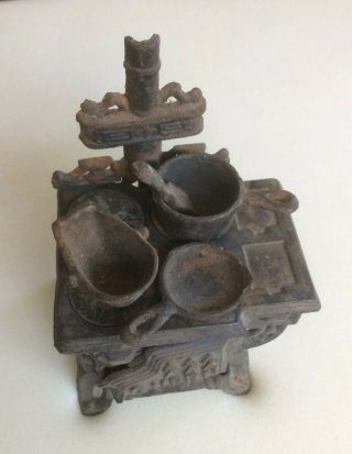Vintage Rescent Queen Toy Cast Iron Wood Stove With Greycraft Pots And Pans.