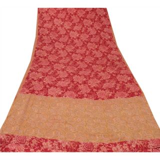 Sanskriti Vintage Dark Red Saree Pure Crepe Silk Printed Sari Craft Soft Fabric 3