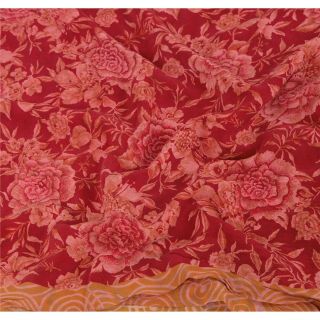 Sanskriti Vintage Dark Red Saree Pure Crepe Silk Printed Sari Craft Soft Fabric 5