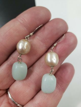 Vintage Sterling Silver Natural Pearls Chalcedony Dangle Earrings 1.  5 " T (6g)