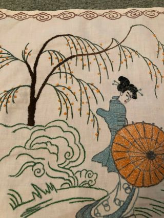 Vintage Japanese scene Geisha embroidered dresser scarf/table runner 21 