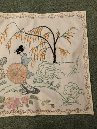 Vintage Japanese scene Geisha embroidered dresser scarf/table runner 21 