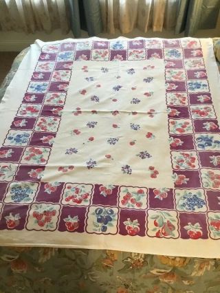 Vintage Rect.  Fruit Printed Tablecloth Purple Blue Hot Pink Berry Cherry 52 X 62