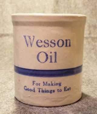 Vintage Wesson Oil Stoneware Advertising Beater Jar Blue Stripe