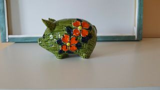 Green Ceramic Piggy Bank With Orange And White Flowers - Retro Vintage