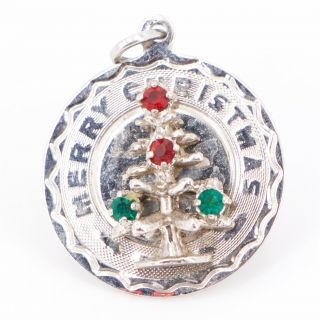 Vtg Sterling Silver - Red Green Rhinestone Merry Christmas Bracelet Charm - 4g