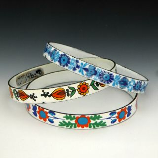 3 Vintage Made In Austria White Enamel Floral Bangle Bracelets