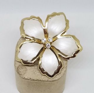Vintage Estate Gold Tone White Enamel Rhinestone Flower Brooch Pin Jewelry