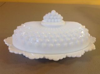 Vintage Fenton White Milk Glass Hobnail Oval Covered Butter Dish W/ Lid