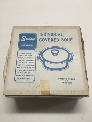 VTG Lovelace Large Crown Victoria Porcelain Individual Covered Soup Bowl w Box 4