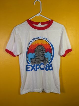 Official 1986 Expo Vancouver Canada Adult M White Red Ringer Vintage Soft