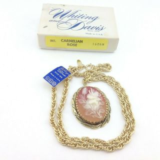 Vintage Whiting Davis Cameo Carnelian Rose Gold Tone Necklace 24 Inch Chain