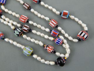 Vintage Venetian Millefiori Chevron African Trade Bead Rice Pearl Necklace