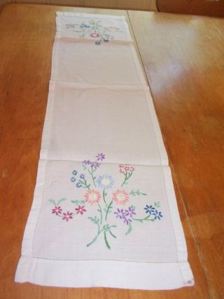 Vintage Linen Embroidered Flowers Table Runner Dresser Scarf 38 " X 12 "