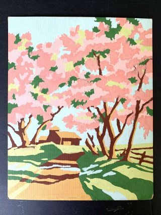 Vintage Paint By Number Barn Pink Cherry Blossom Tree Complete Midcentury Modern