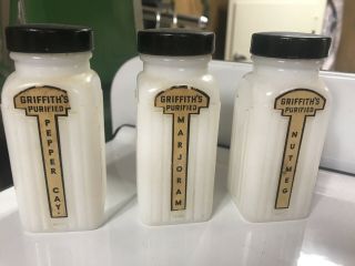 Vintage Griffiths Laboratories,  Set Of 3 Spice Jars Milk Glass W/ Black Tops