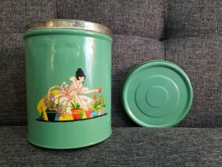 Vintage 1940 ' s Small Green Metal Canister W/Lady Gardening Decal 5 