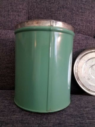 Vintage 1940 ' s Small Green Metal Canister W/Lady Gardening Decal 5 