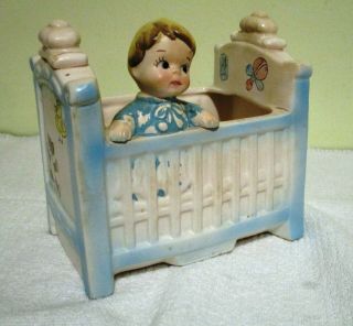 Vintage Blue And White Baby And Crib Vase Circa 1960’s