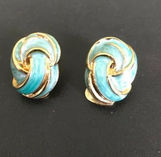 Vintage Turquoise And Gold Swirl Clip On Earrings