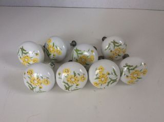 8 Vintage Ceramic Knobs Drawer Pulls Cabinet Yellow Flower About 1 - 1/4 “