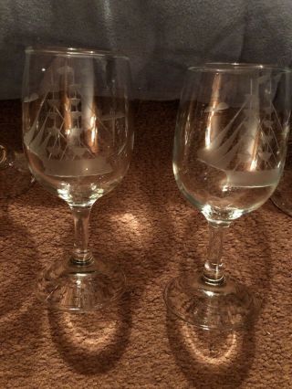 A Set Of 6 Vintage Wine Glasses Etched W/Sailing Ship Pattern 4