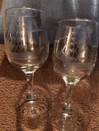 A Set Of 6 Vintage Wine Glasses Etched W/Sailing Ship Pattern 5