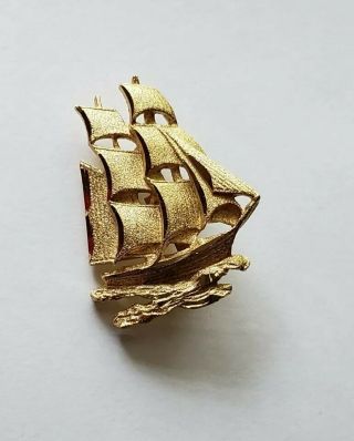 Vintage Schooner Ship Brooch,  Gold Tone,  Masted Ship Pin