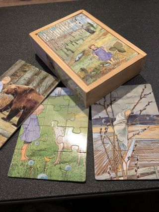 Wooden Box Of 4 Elsa Beskow Vintage Wooden Puzzles Great Shape 4 1/2 " X6 1/2 "