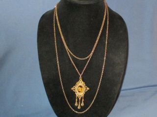 Vintage Jonette Jewelry Amber Rhinestone Marbled Glass 3 Chain Pendant Necklace