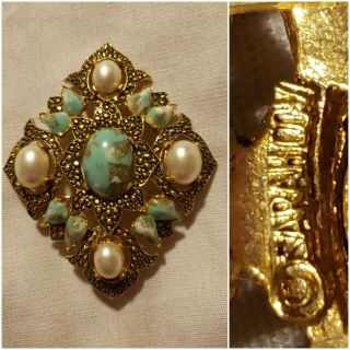 Vintage Sarah Coventry " Remembrance Pin " Faux Turquoise Pearl Gold Tone Brooch