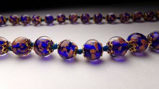 Vtg Cobalt Blue Copper Adventurine Art Glass Hand Knot Silk Bead Necklace 19 "