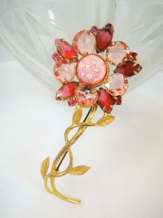 Big Vintage Open Back Pink Rhinestone Art Glass Confetti Floral Brooch