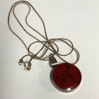 Vintage Red Jasper Necklace Pendant 925 Sterling Silver 21” P 7/8” 12g Signed