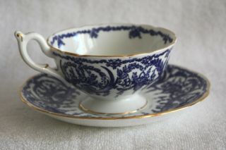 Vintage Coalport Fine Bone China Teacup And Saucer Cobalt Blue Hanging Baskets