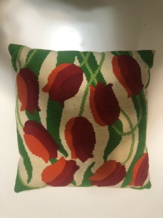 Vintage Needlepoint Pillow With Tulips Flowers - Handmade