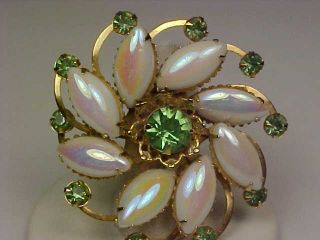 Vintage Goldtone & Iridescent Lucite/Rhinestone Flower Brooch & Earrings Set 2