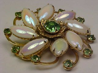 Vintage Goldtone & Iridescent Lucite/Rhinestone Flower Brooch & Earrings Set 3