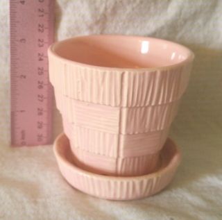 Vintage Mccoy Basket Weave Flower Pot W/attached Saucer Pink Small 3 1/4 "
