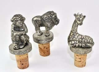 Vintage 3 Pewter Metal Lion Chimp & Giraffe Animals Cork Wine Bottle Stopper