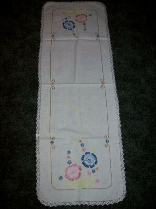 VINTAGE Embroidered Dresser Scarf Table Runner with Embroidered Lace Edging 4