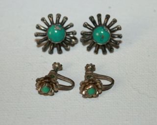 2 Pairs Vintage Sterling Silver Turquoise Screw Back Earrings Native American
